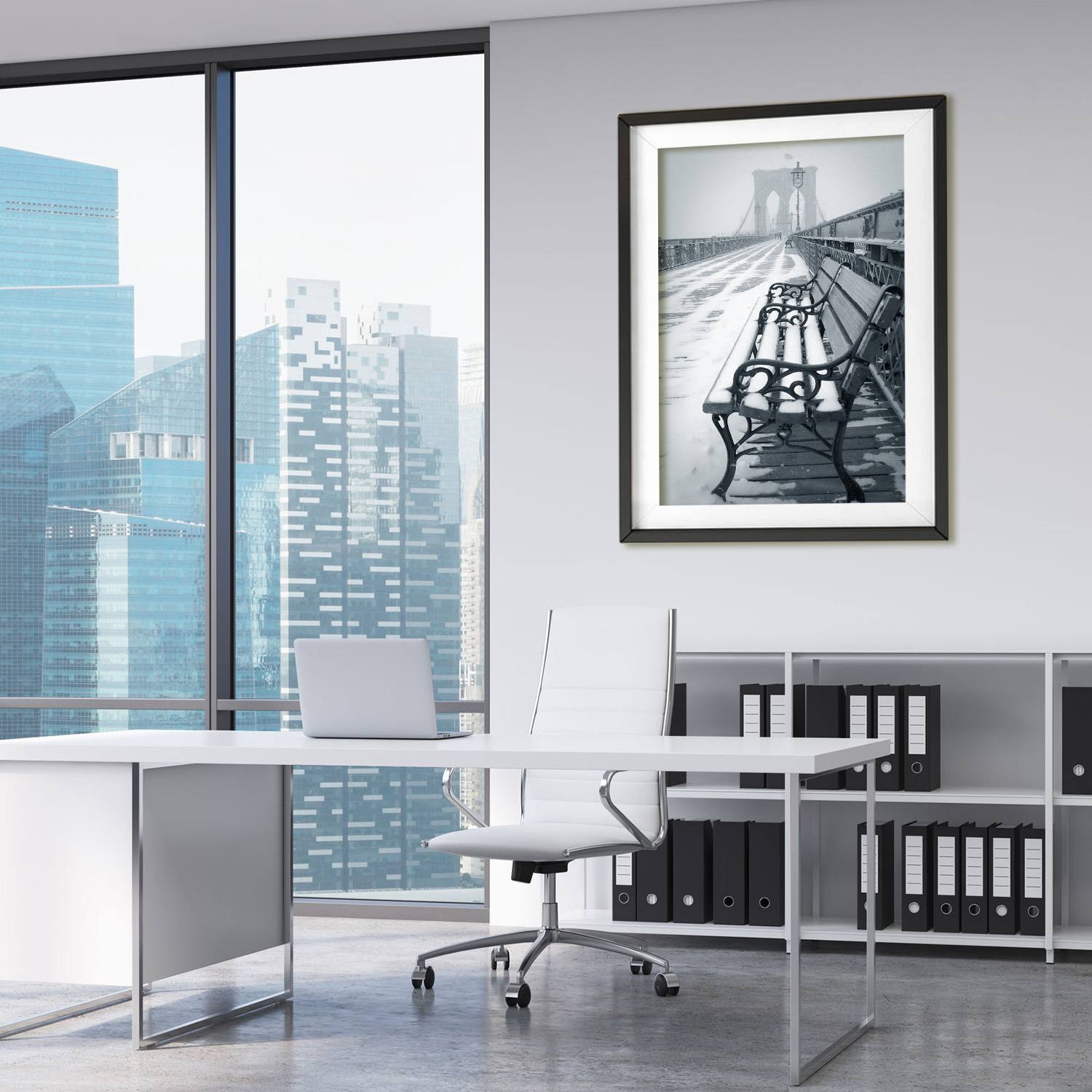Bench Show Brooklyn Bridge Art Print Poster BW Blue White Office
