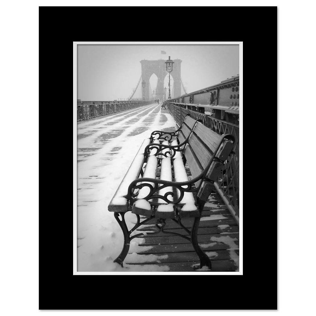 Bench Brooklyn Bridge Snow New York Art Print Poster MP-1151 Mat Black