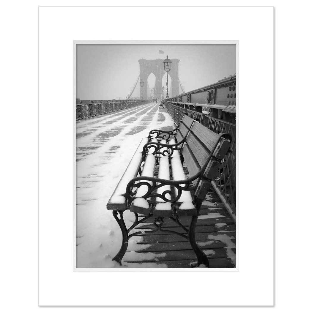 Bench Brooklyn Bridge Snow New York Art Print Poster MP-1151 Mat White