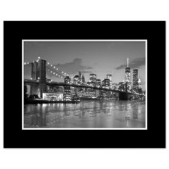 Brooklyn Bridge Night Panorama Reflection New York Art Print Black and White Black Mat