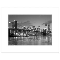 Brooklyn Bridge Night Panorama Reflection New York Art Print Black and White White Mat