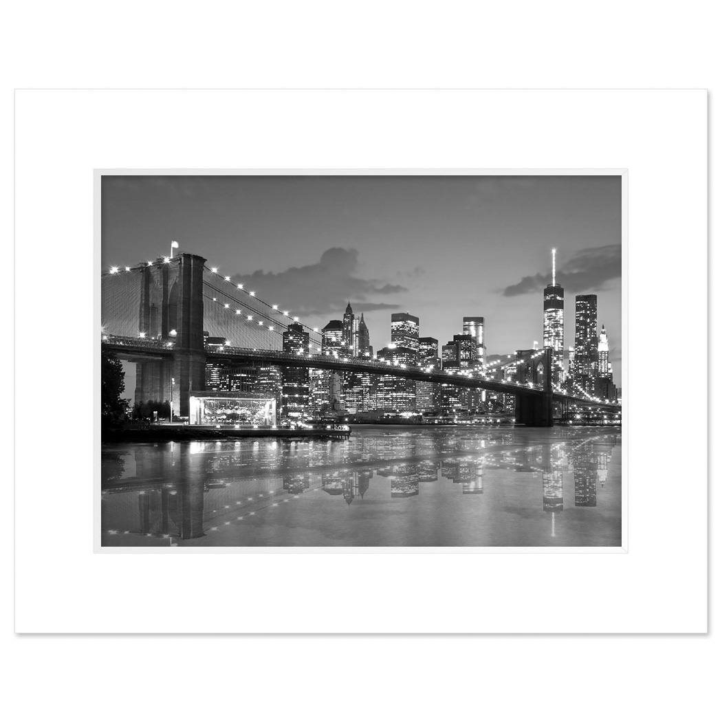 Brooklyn Bridge Night Panorama Reflection New York Art Print Black and White White Mat